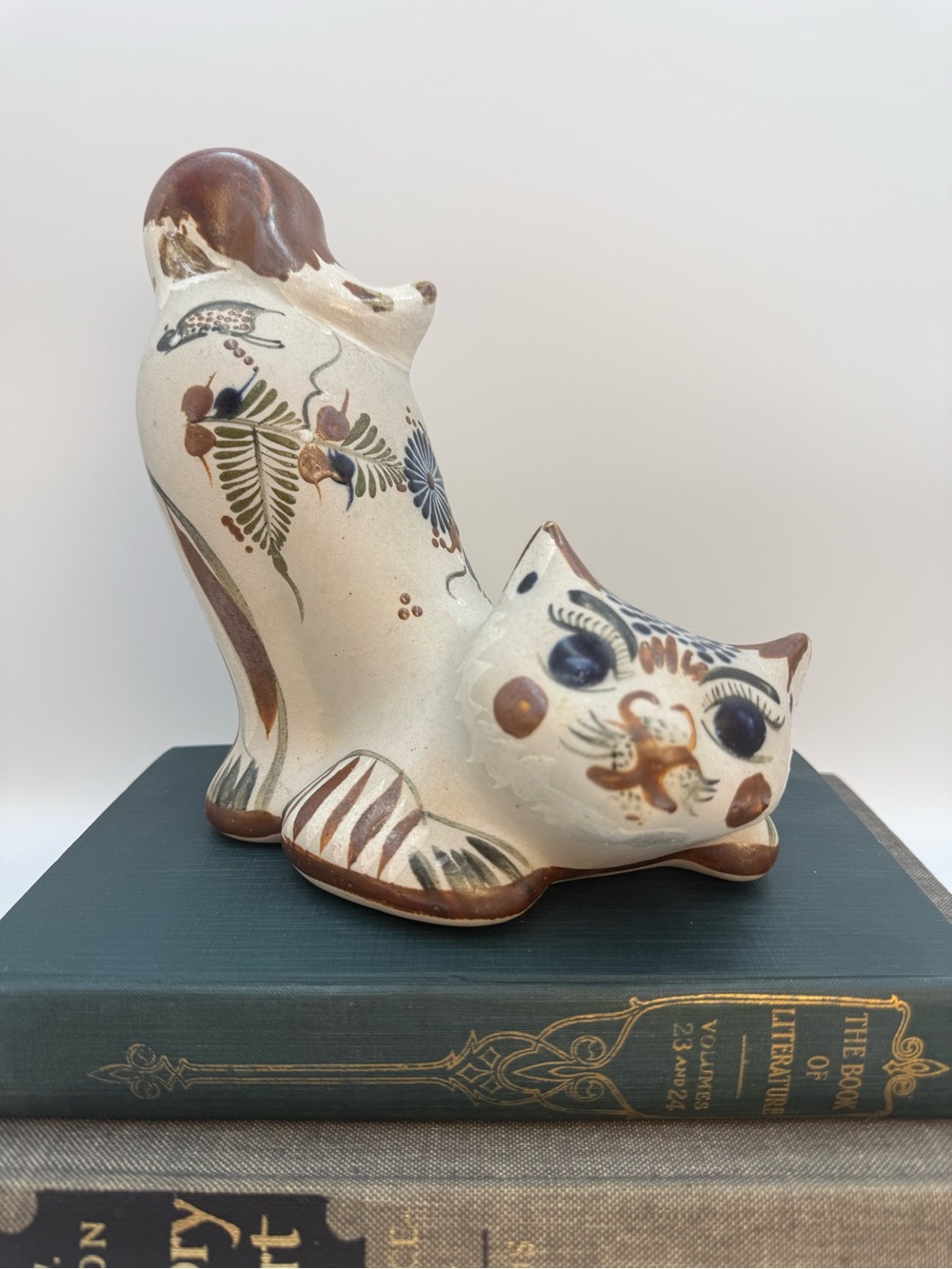 Vintage Tonala Pottery Cat Figurine Mexico Folk Art Stretching Cat